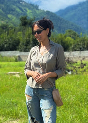 Olive Green Cotton Flex Button Down Shirt